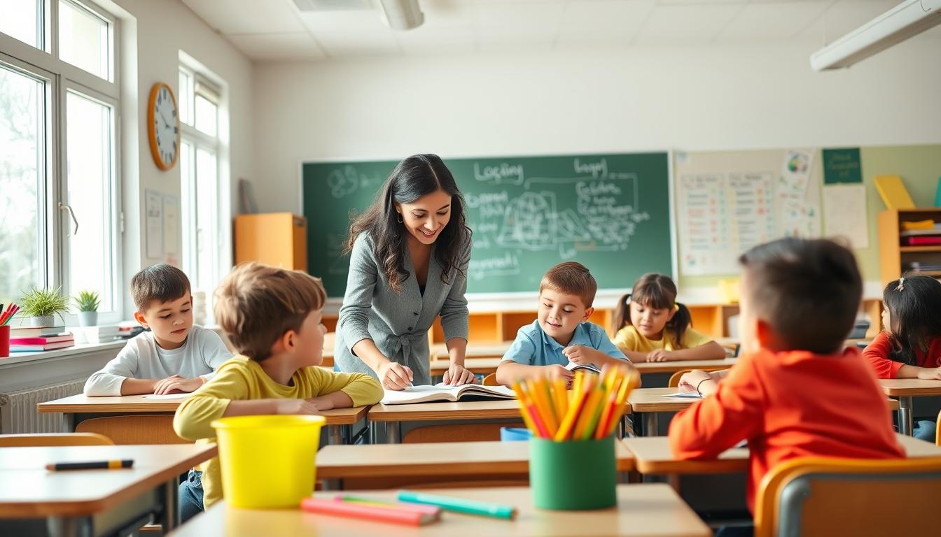Students studying together in modern classroom
